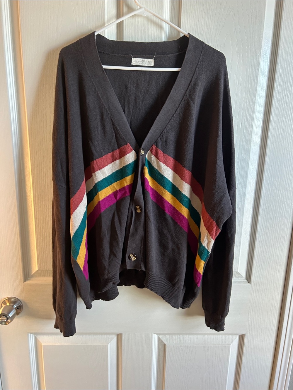 Brown V-Neck Cardigan Sweater with Multi-Color Stripe Detail